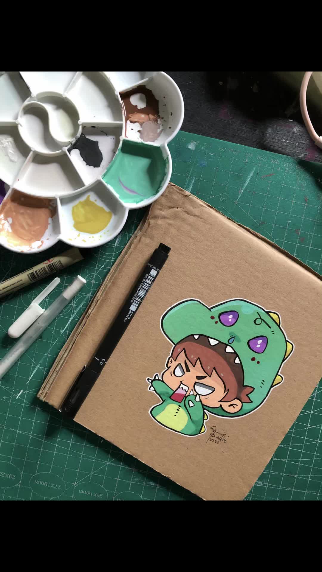 Angry Chibi Dino Drawing Using Gouache #kdarts #dino #dinosaur #drawing #drawingprocess #gouachepaintingprocess #himi 