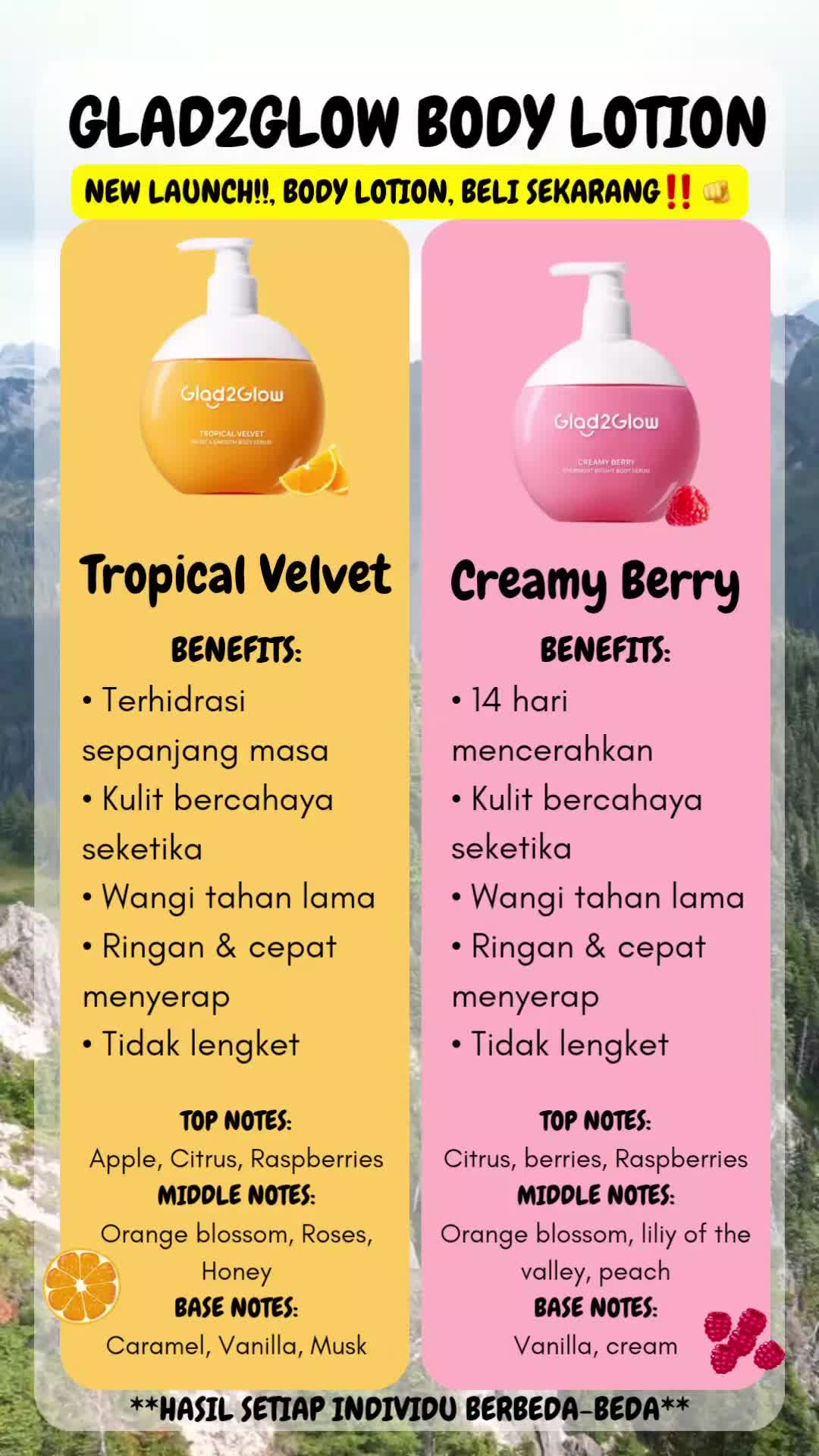 New launch! Glad2Glow Body lotion tersedia 2 varian, tropical velvet dan creamy berry #bodylotion #glad2glow #bodycare #racuntiktok #wibgajian 