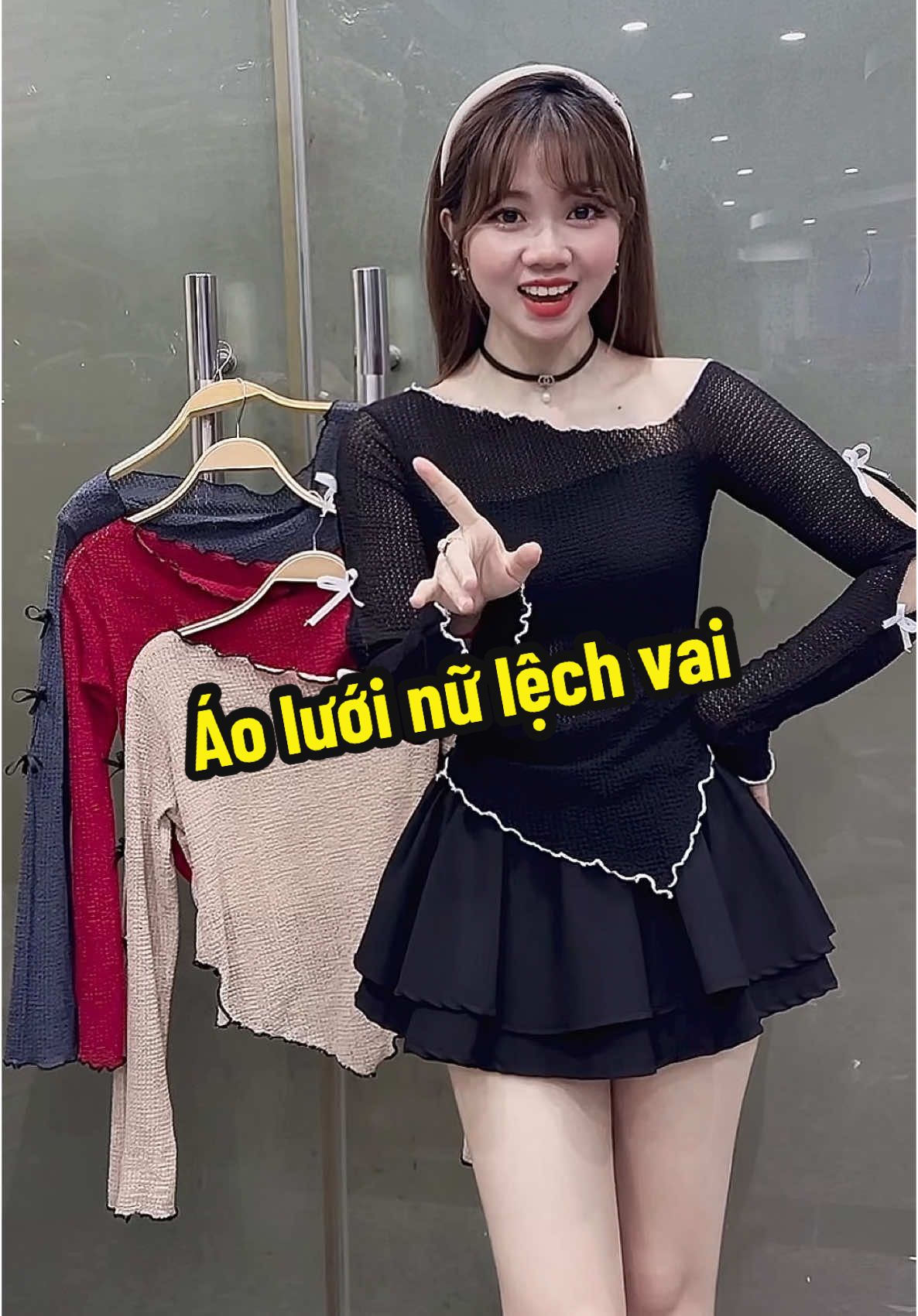 Áo lệch vai phối lưới co giản #áo #áonu #aokieu #phoidoxinh #aotaydai #fyp 