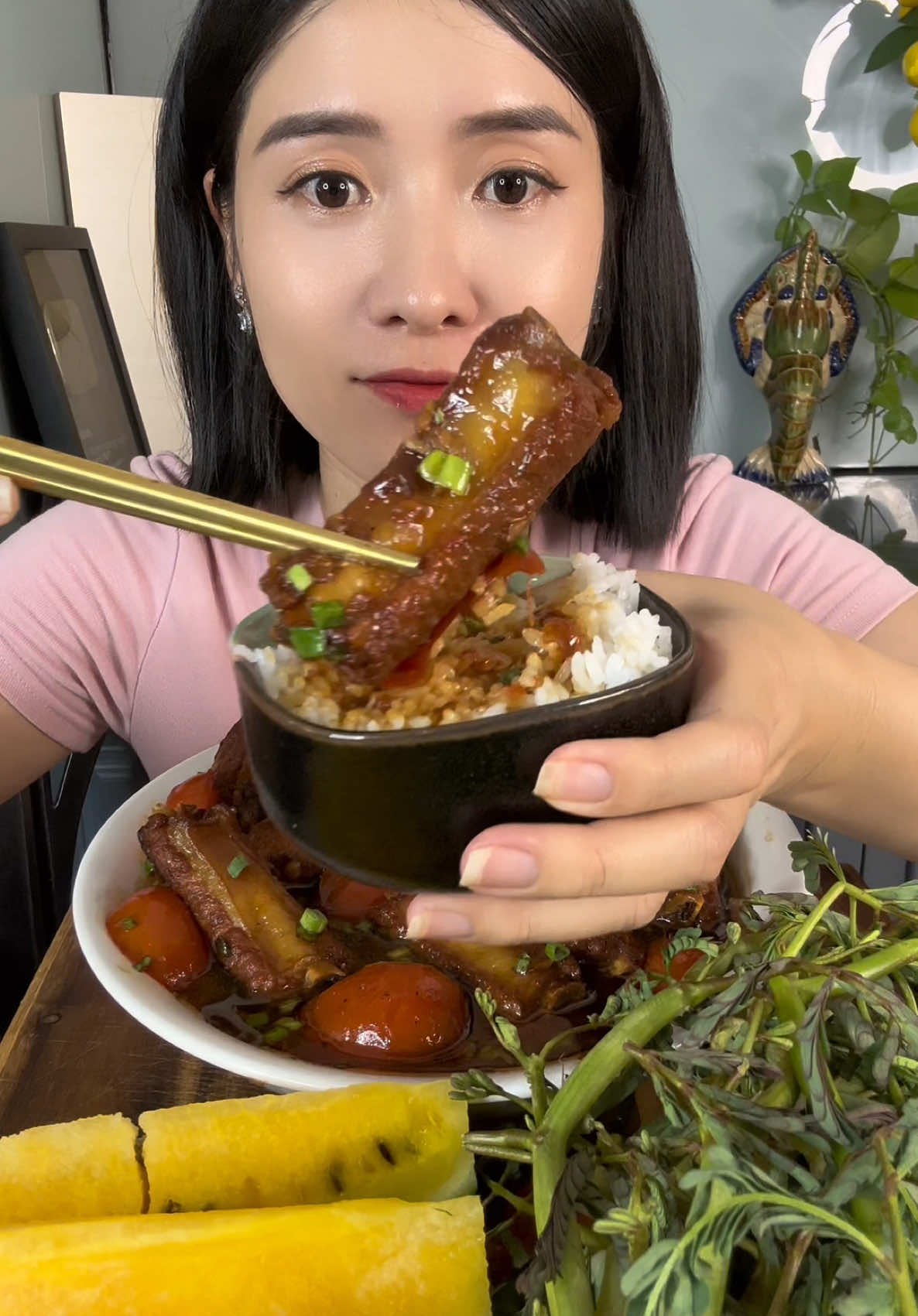 Mukbang rau nhút chấm sườn kho cà chua#wonderplus #vitaminC