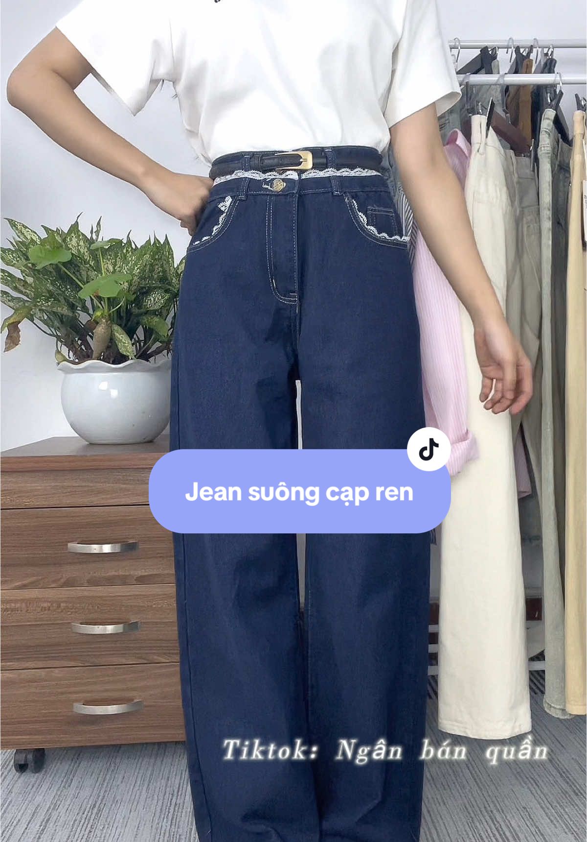 Quần jean suông xanh than có ren cạp quần #xuhuongtiktok #nganbanquan #trendingvideo #quanjeannu 
