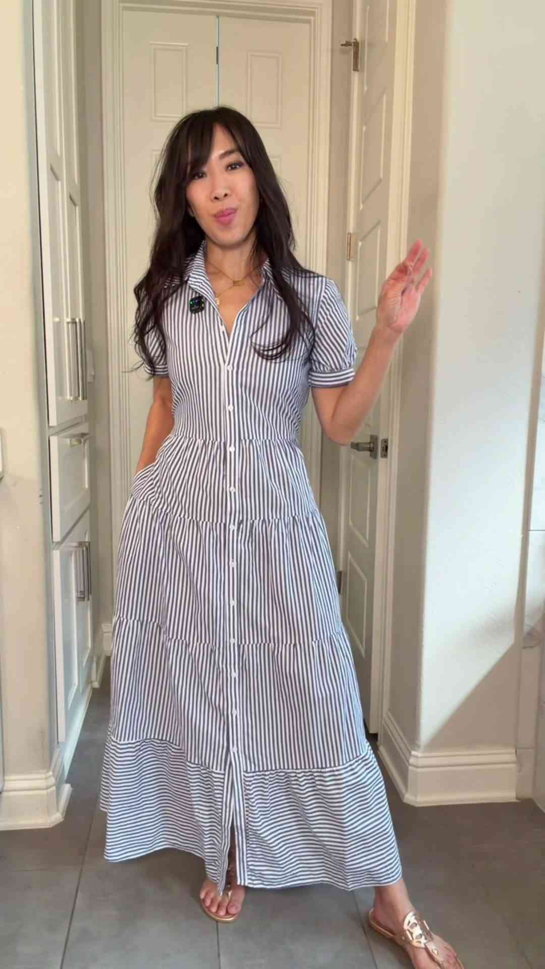 Classic blue striped maxi dress with a button-down front and tie waist—lightweight, flattering, and perfect for spring and summer days. An effortless and affordable everyday dress. 💙🤍💙🤍 #StripedDress #MaxiDress #TikTokShopStockUp #springdress #cottondress 