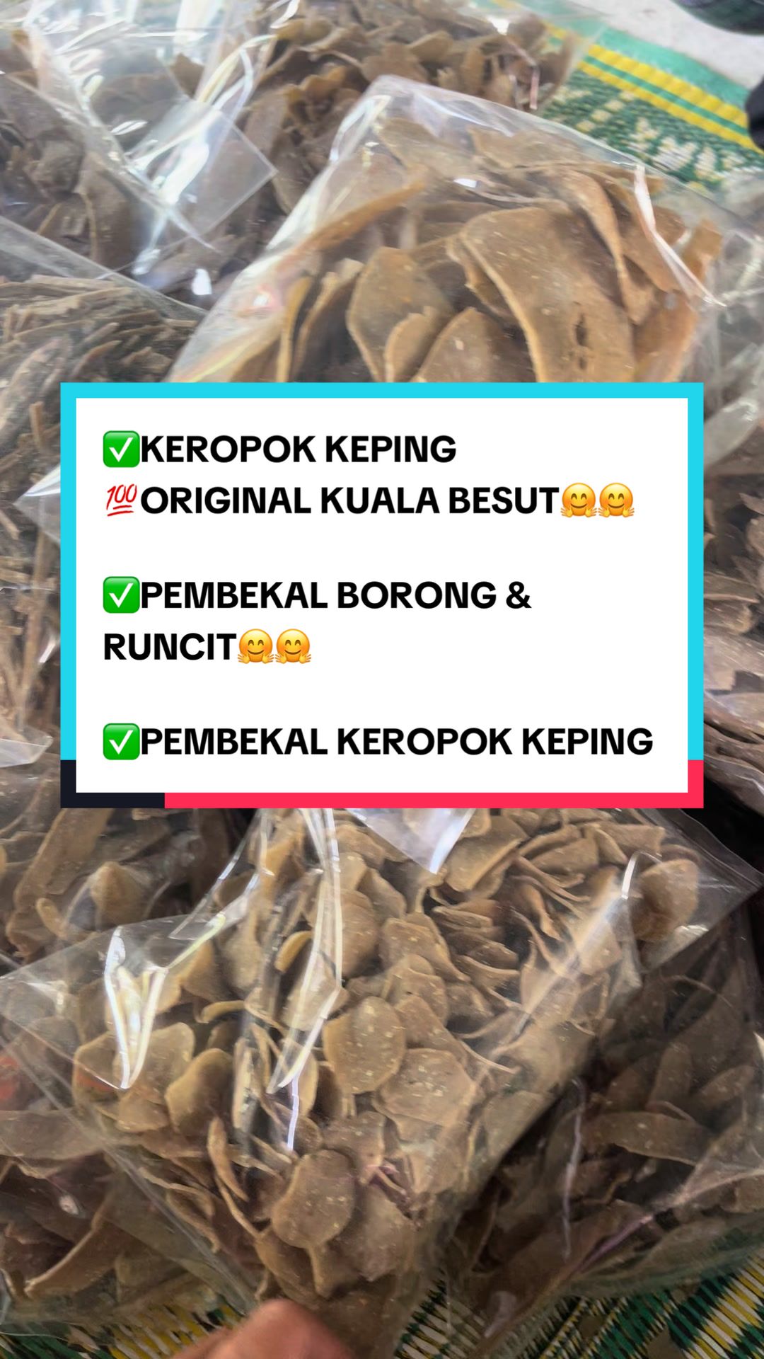 ✅KEROPOK KEPING 💯ORIGINAL KUALA BESUT🤗🤗 ✅PEMBEKAL BORONG & RUNCIT🤗🤗 ✅PEMBEKAL KEROPOK KEPING & KEROPOK SEGERA🤗🤗 ✅KEROPOK KEPING 💯 RASA IKAN ASLI 🐟 Sedap dan rangup dimakan sebagai snek harian 🐟 💯 Dijamin Halal 🐟 💯 Dijamin tidak gatal 🐟 Kembang semangkuk apabila digoreng 🐟 Boleh Tahan Lama Sehingga 12 Bulan  🐟 Pilihan Keropok Yang Ada 👉 Keropok bulat 👉 Keropok extra bulat 👉 Keropok jejari 👉 Keropok lidah ayam 👉 Keropok keping baby 🐟 Harga sangat-sangat murah dan mampu milik❗❗❗ 🐟 Buka untuk borong & runcit  📣 Agent diperlukan seluruh malaysia #keropokkepingterengganu #keropok #keropokcapmatahari 