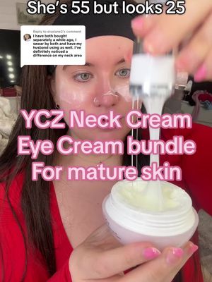 Replying to @eisalane2 She’s 55 and looks 25 and swears by this combo 💆‍♀️ The neck cream is loaded with Hexapeptide-8 (Bo tox in a bottle) and the eye cream comes with a red light therapy tool that feels insane under your eyes. They just bundled them together for way less, this bundle is perfect for mature skin or anyone wanting to start preventative care! 🫶 #TikTokShopFinds #AntiAgingRoutine #NeckFirmingCream #RedLightTherapy #EyeCreamTool #LookYounger #DealsForYouDays #matureskincare #skincareover40 #skincareover50 #lookingyoung #antiagingskincare #antiagingtips #antiagingsecrets 