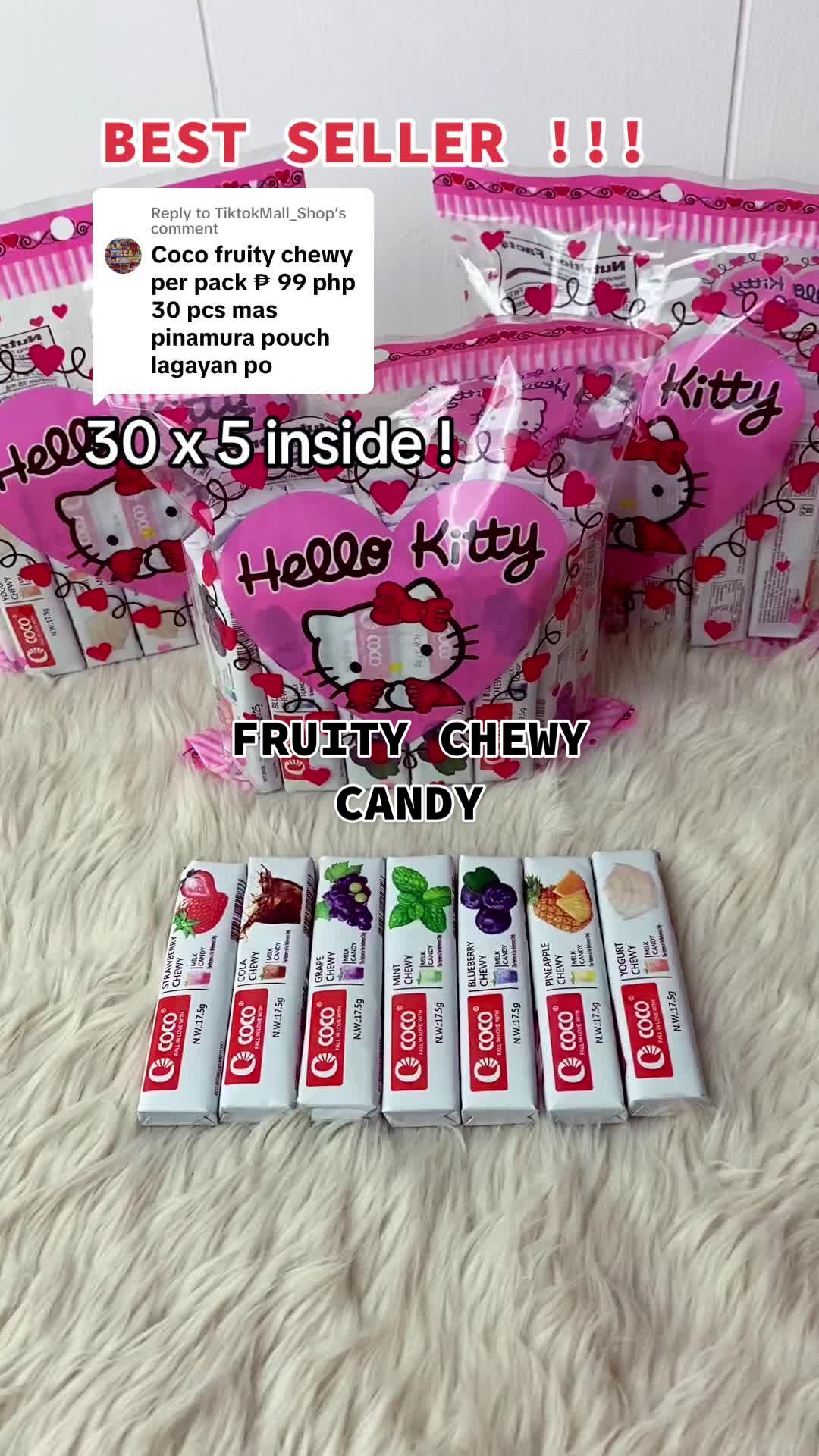 Replying to @TiktokMall_Shop HELLO KITTY POUCH  COCO FRUTU CHEWY MILK CANDY 30 pcs best seller paninda !  Click yellow basket now!  #fruitychewymilkcandy #cocofruitychewycandy #cocofruitychewymilkcandy #chewycandy #chewy #candy #cocofood #viralvideo #foryou 