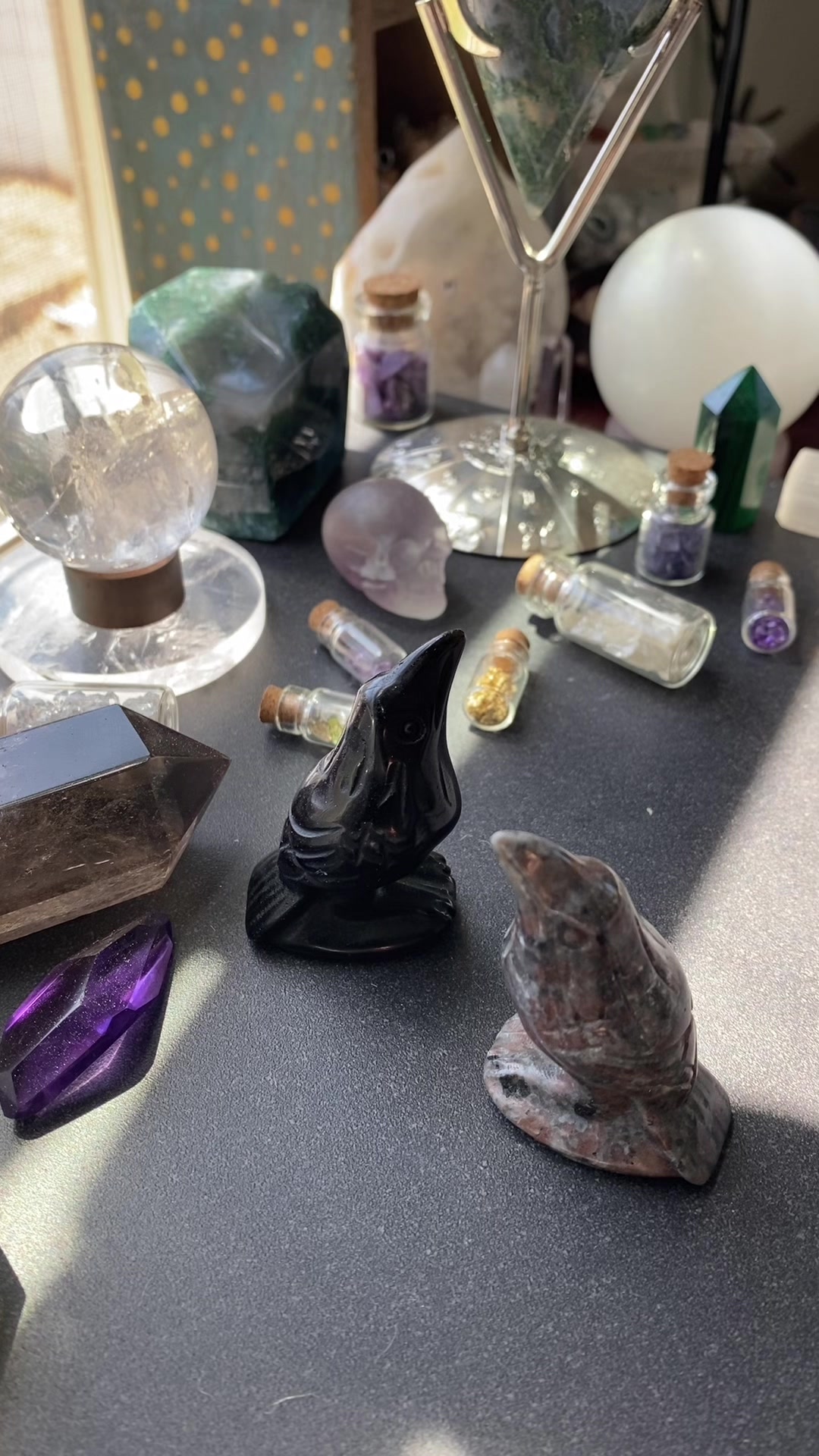 got my little protectors watchin ova 🐦‍⬛ #crystaltok #crystalcrow #crow #crowlover #crows #crowsoftiktok #obsidian #yooperlite #crystallover #crystaltalisman #talisman #energyprotection 